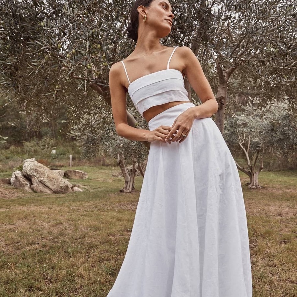 DISSH Aisle Linen Bridal Crop Top & Maxi Skirt Size US 2 in White